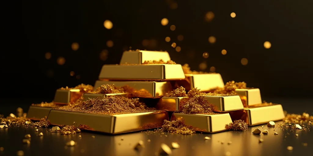 a pile of gold bars with the words gold on them and a black background with gold numerals, Enguerran