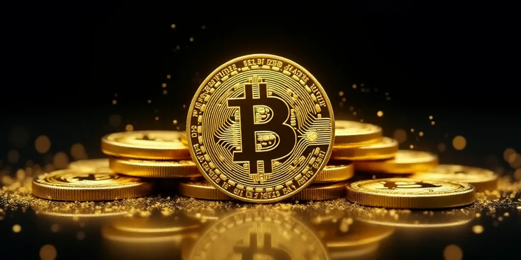 a pile of gold bitcoins with a black background and gold dust around them with bitcoins, Andries Sto