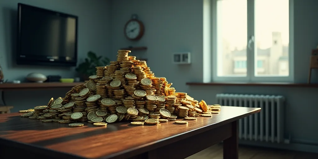 a pile of megamillons sitting on top of a table next to a tv screen and a window, Avgust Černigoj,