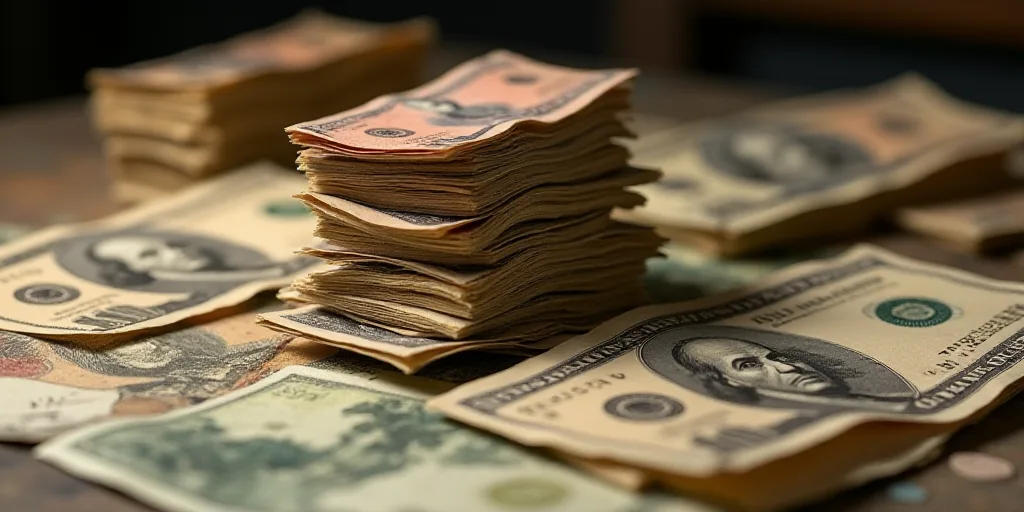 a pile of mexican currency sitting on top of each other on a table with a lot of money in front of i