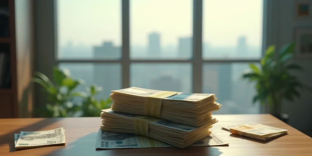 a pile of money sitting on top of a table next to a window with a city in the background, An Zhengwe