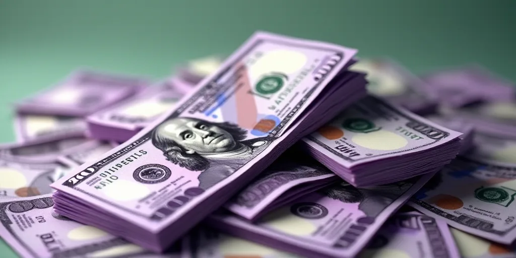 a pile of money with a lot of different bills on top of it, all of which are purple and green, Andri