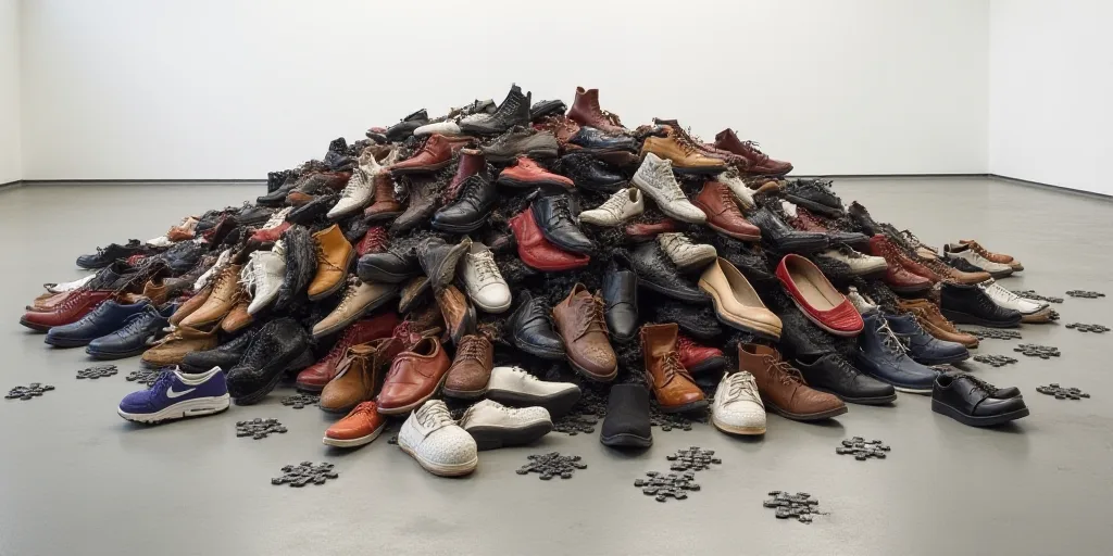 a pile of shoes that are on the ground together, all in different colors and sizes, all on the groun