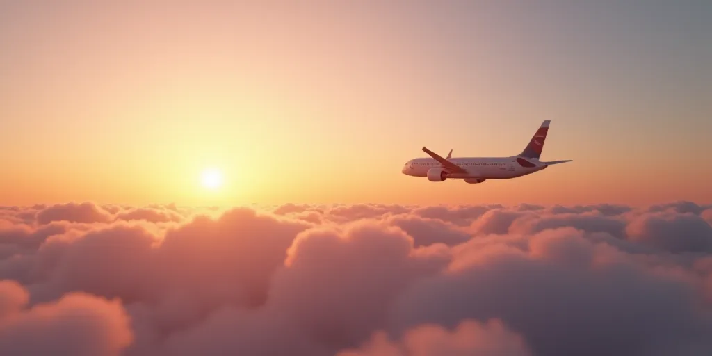 a plane flying in the sky above the clouds at sunset or dawn with the sun setting on the clouds, Ei-
