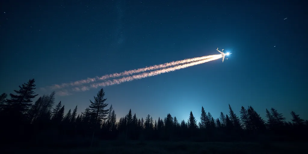 a plane flying in the sky with a lot of stars above it and trees below it and a trail of light, Arth
