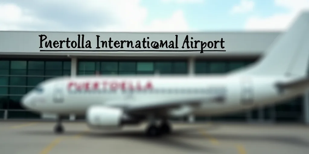 a plane is parked in front of a building with a sign on it that says puertoella international airpor