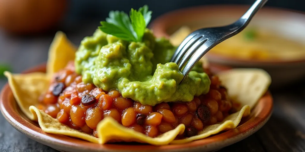 a plate of food with a fork in it and a guacamole on top of it with a fork, Ay-O, professional food