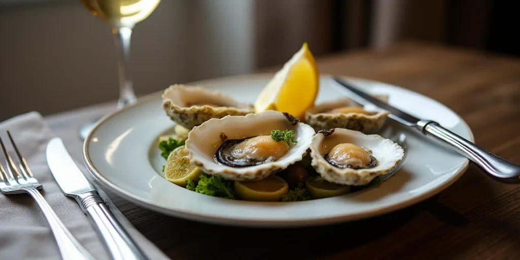 a plate of oysters with a lemon wedge and a knife on a table with a napkin and a glass of wine, Boet