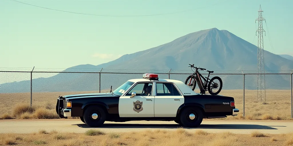 a police car with a bike on the back of it's bed in front of a fence and a mountain, Aquirax Uno, bl