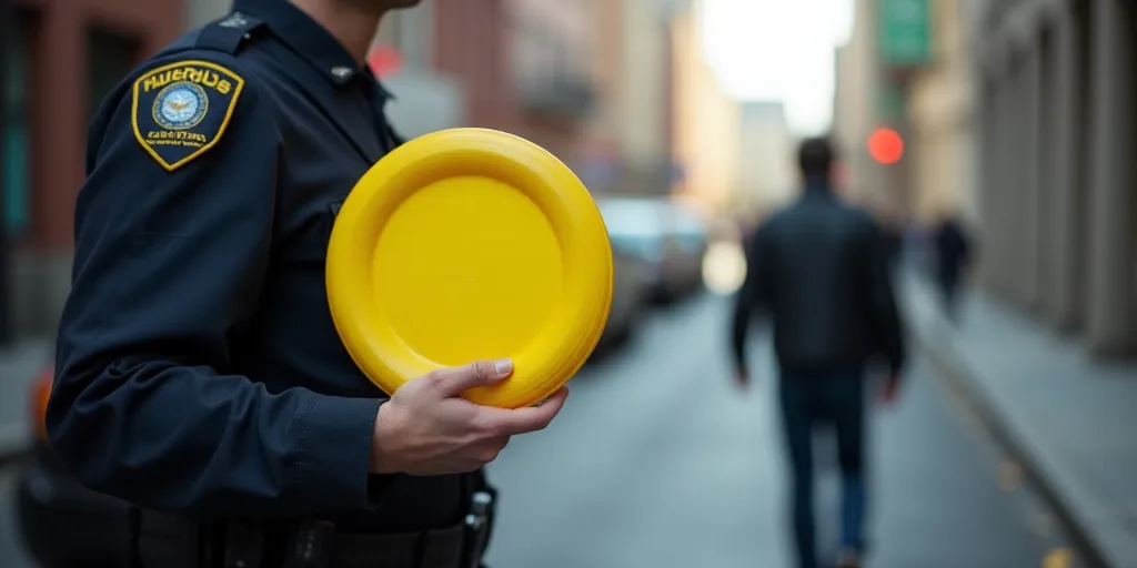 a police officer holding a yellow frisbee in his hand and a man in the background walking down a str