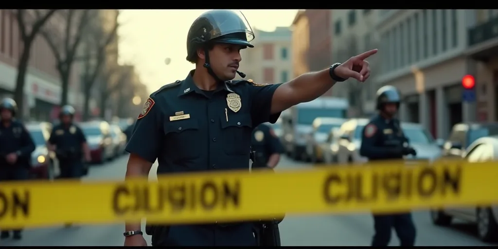 a police officer pointing at a yellow caution line with police in the background behind him and a po