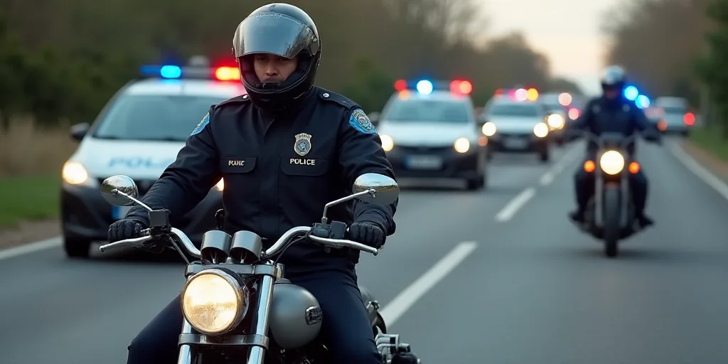 a police officer riding a motorcycle next to a line of police cars on a road with a motorcycle in fr