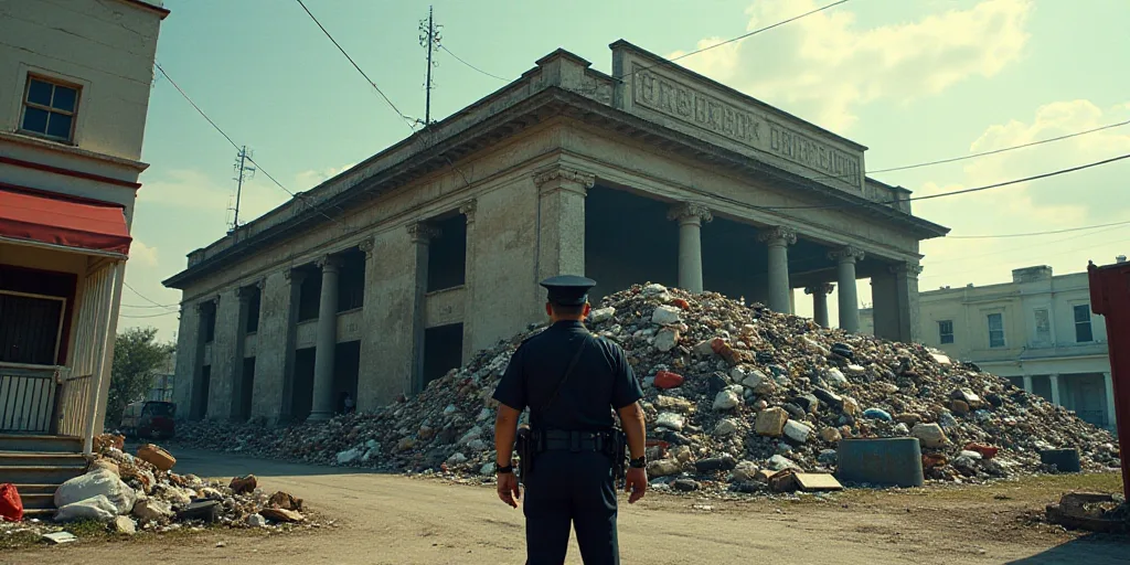 a police officer standing in front of a building with a large pile of trash on it's side, Dave Arred