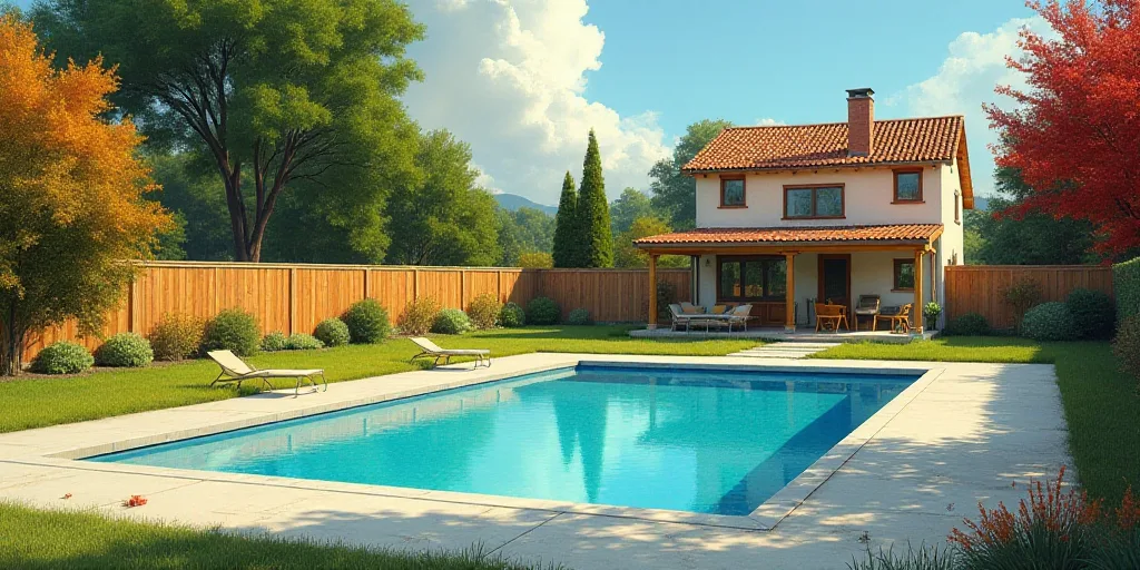 a pool in a backyard with a fence and trees in the background and a house in the background with a f