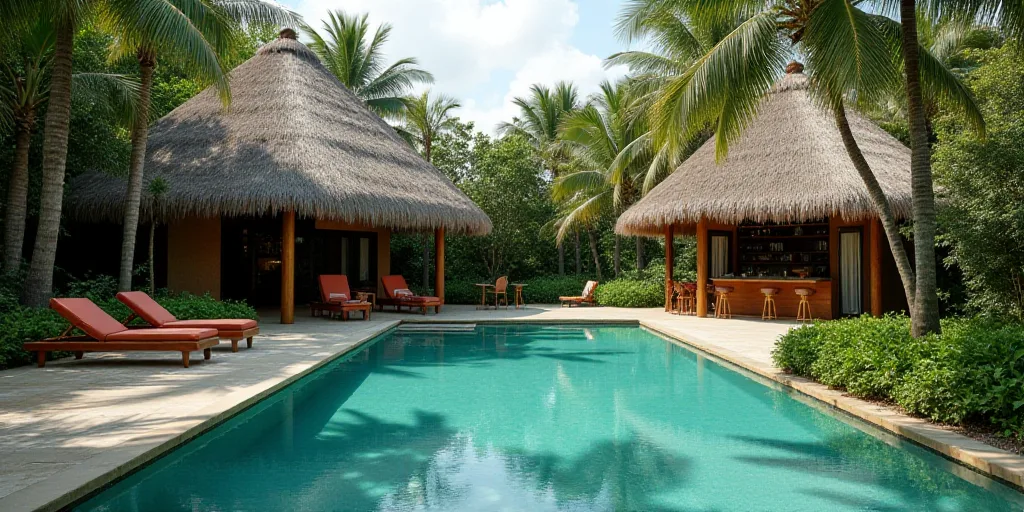 a pool surrounded by trees and a hut with thatched roof and thatched roof overhangs and a bar, Eric