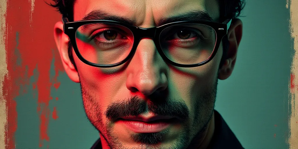 a poster with a man in glasses and a mustache on it, with the caption of a photo of a man in glasses
