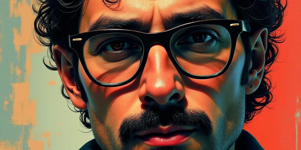 a poster with a man in glasses and a mustache on it, with the caption of a photo of a man in glasses