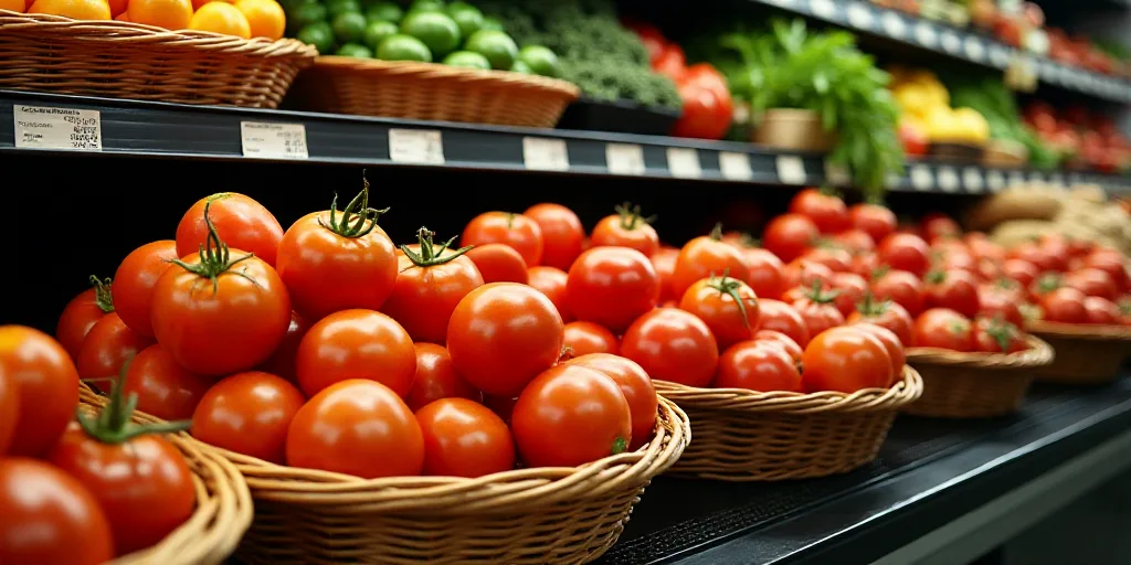 a produce section of a grocery store with tomatoes and other vegetables on display in baskets and in