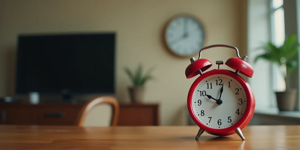 a red alarm clock sitting on top of a table in a room with clocks on the wall and a television in th