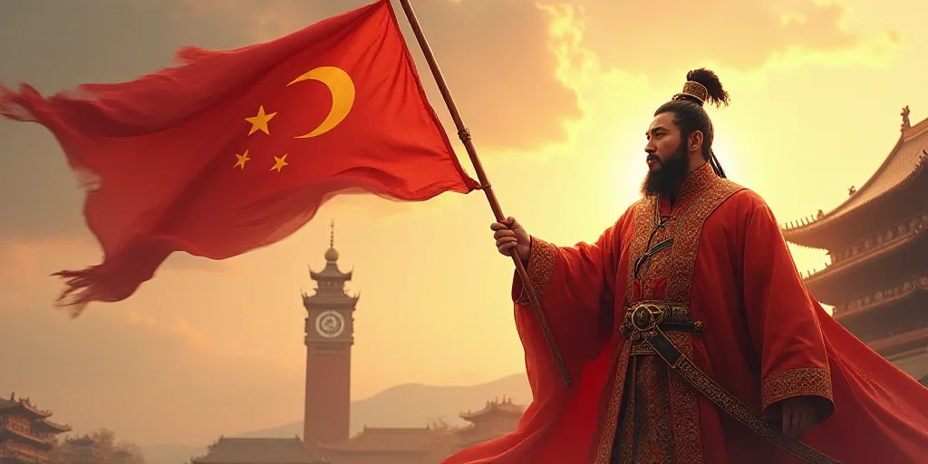 a red and yellow flag with stars flying in the sky behind it and a clock tower in the background, Em