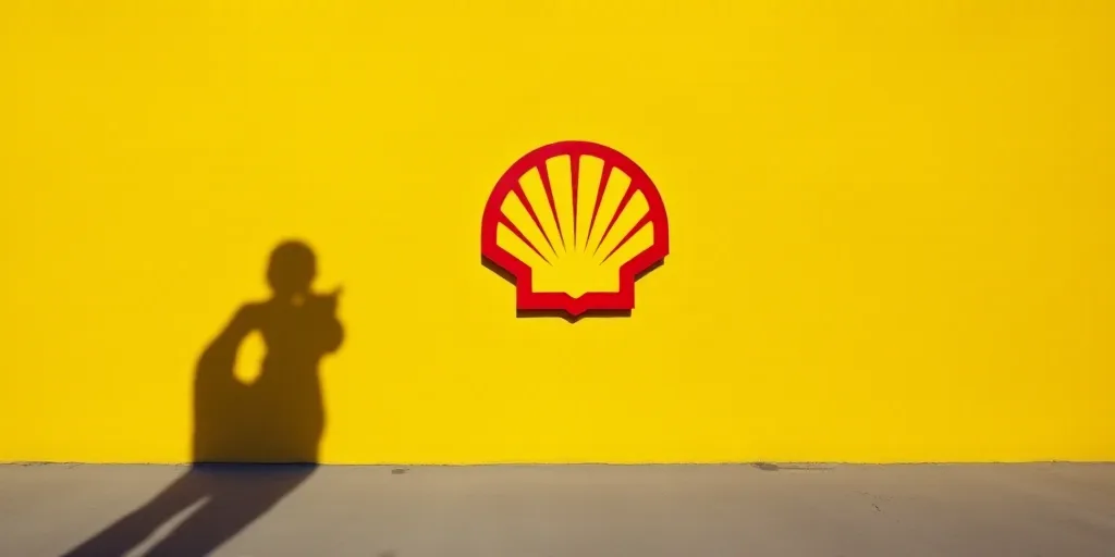 a red and yellow shell logo on a yellow wall with a shadow of a hand holding a phone in the foregrou