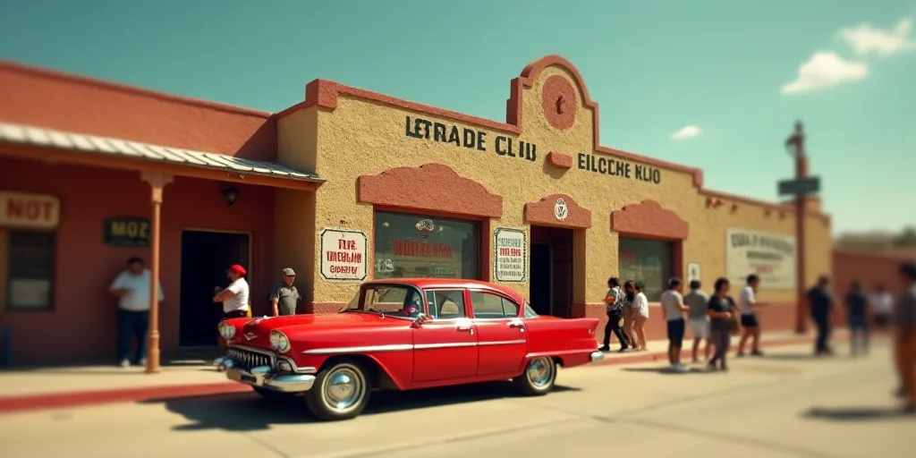 a red car parked in front of a building with a sign on it's side and people walking around, David Al