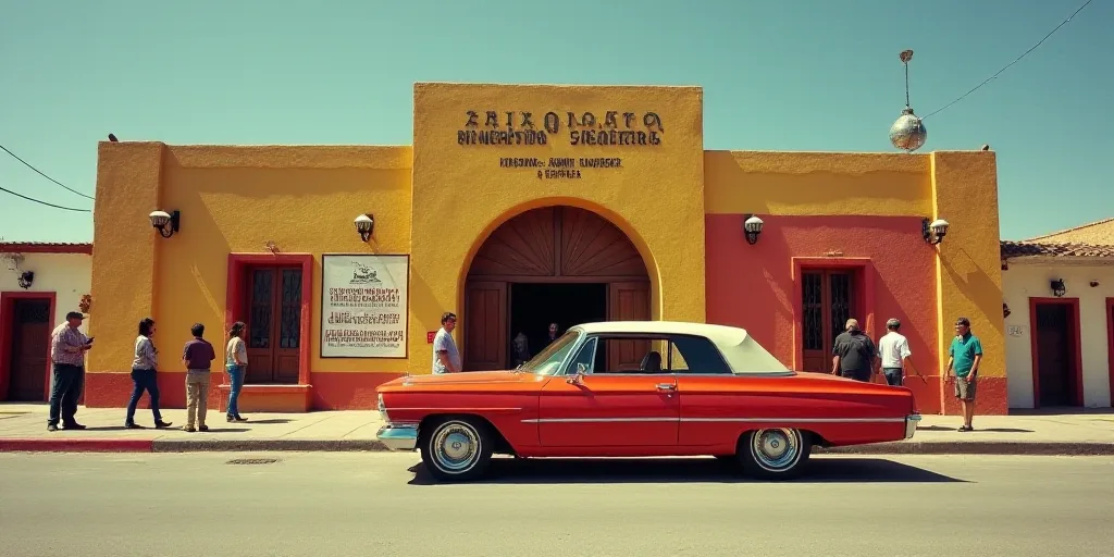 a red car parked in front of a building with a sign on it's side and people walking around, David Al