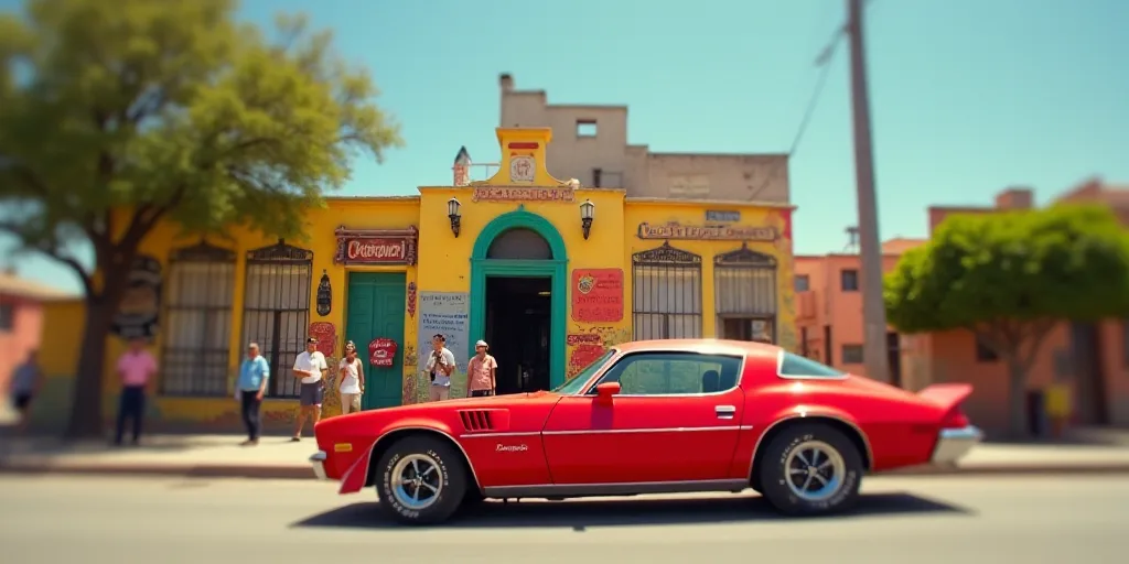 a red car parked in front of a building with a sign on it's side and people walking around, David Al