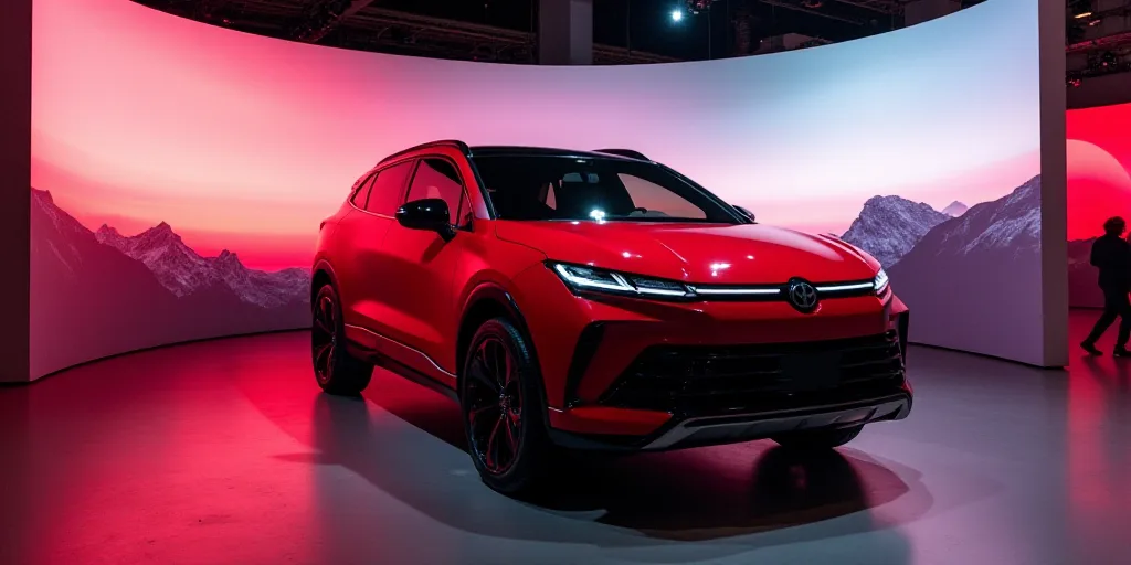 a red suv is on display at an event with a large screen behind it and a large screen behind it, Aqui