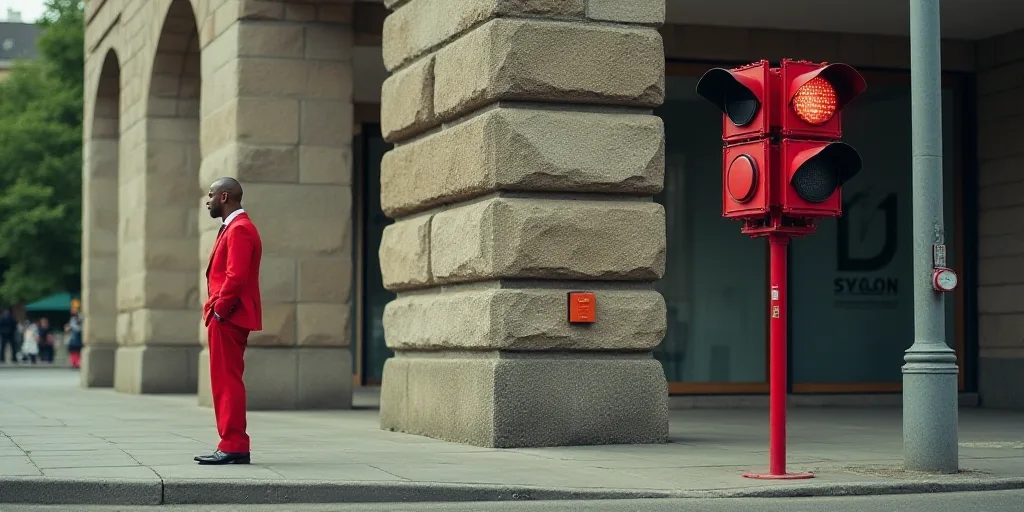 a red traffic light sitting next to a stone building with a logo on it's side and a man in a red sui