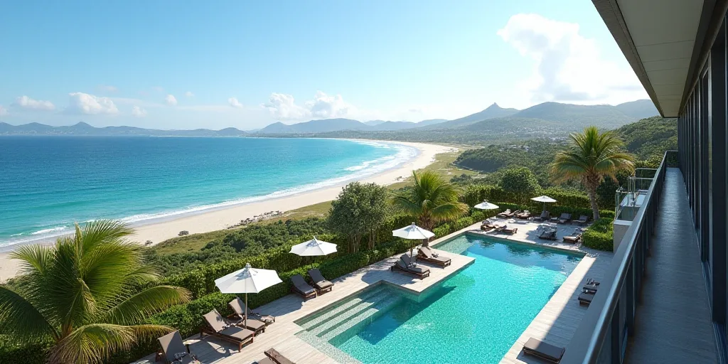 a resort with a pool and beach in the background and a view of the ocean from the balcony of a hotel