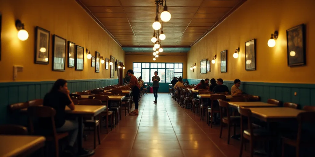 a restaurant with a tiled floor and a long line of tables and chairs with people walking around it a