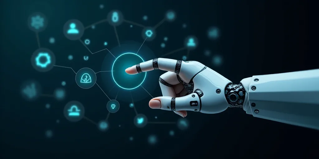 a robot hand touching a human hand with a touch screen interface on a dark background with icons and