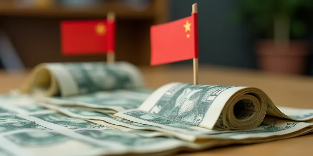 a roll of money and two small flags on a table with a roll of money in the background and a roll of