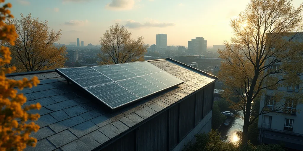 a rooftop with a solar panel on it and trees in the background in a city area with buildings and tre