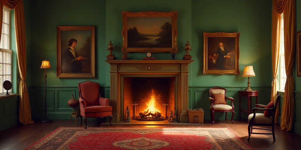 a room with a fireplace and paintings on the wall and a chair in the middle of the room with a firep