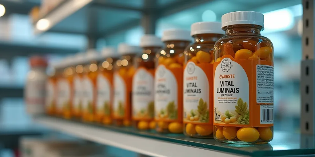a row of bottles filled with vitamins sitting on a shelf in a pharmacy store, with the label on the