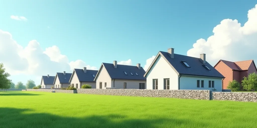 a row of houses with a stone wall and a green lawn in front of them and a blue sky with clouds, Basc