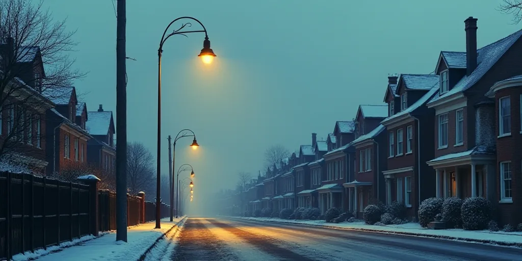 a row of houses with a street light in front of them and a street light in the middle of the street,