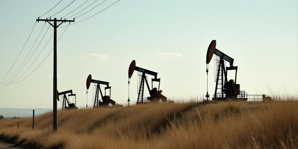 a row of oil pumps sitting on top of a hill next to a telephone pole and a telephone pole, Andries S