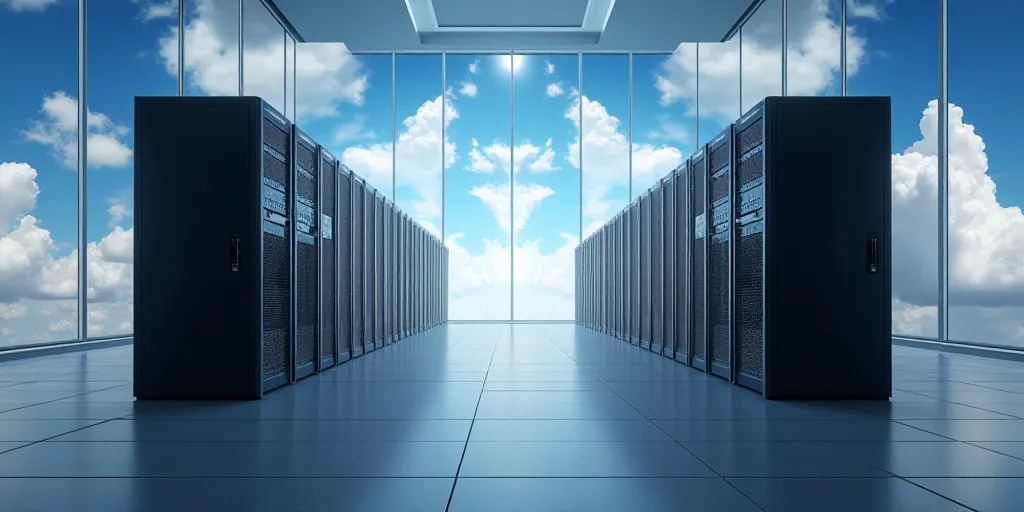 a row of servers in a large room with a sky background and a sky background on the wall behind them,