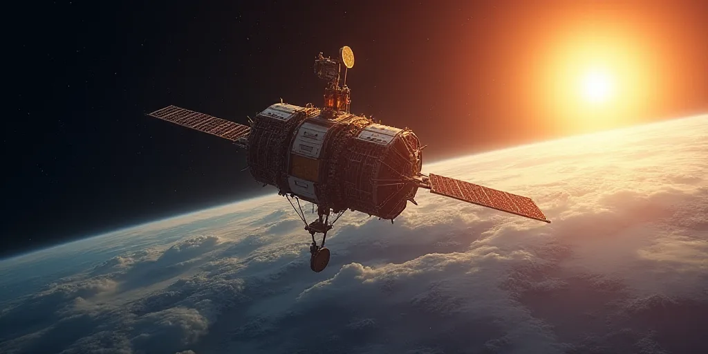 a satellite satellite is flying over the earth in space, with the sun shining on the horizon and the