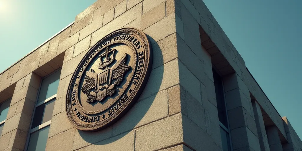 a seal on the side of a building with stars and a seal on it that says department of justice, Andrie