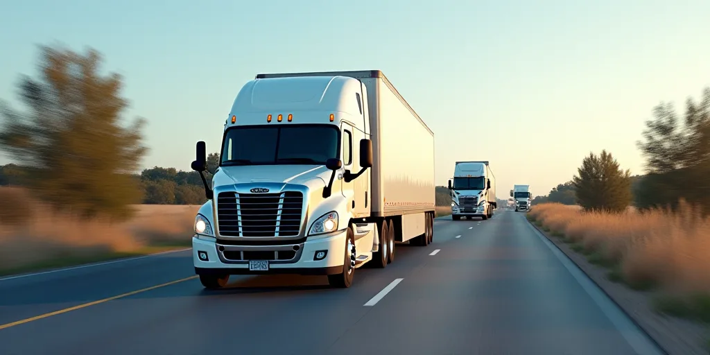 a semi truck driving down a street next to a white truck and a white van and a white truck, Ceferí