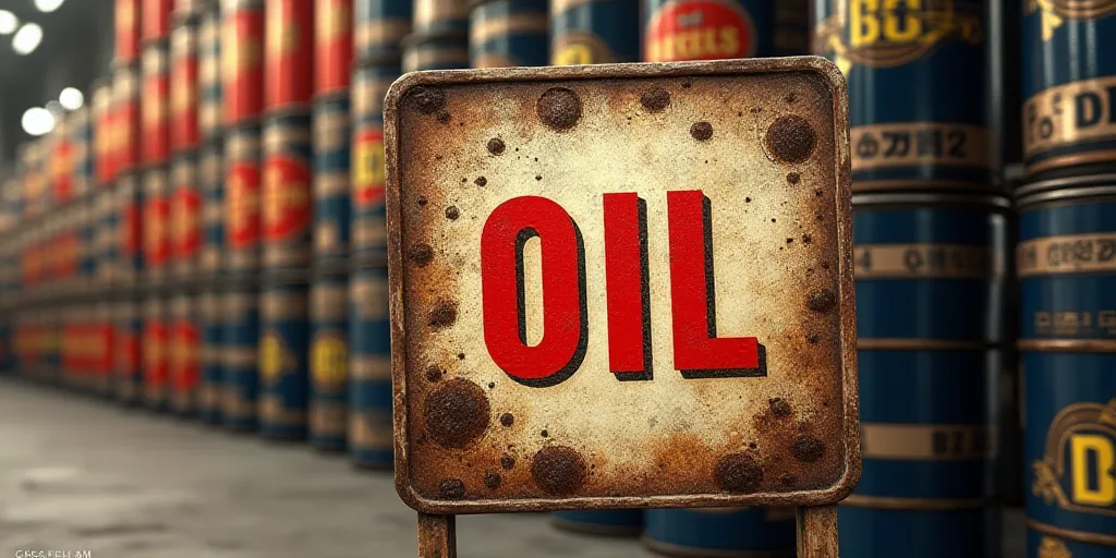 a sign is in front of a large stack of oil cans and cans of oil are in the background, Constant Perm