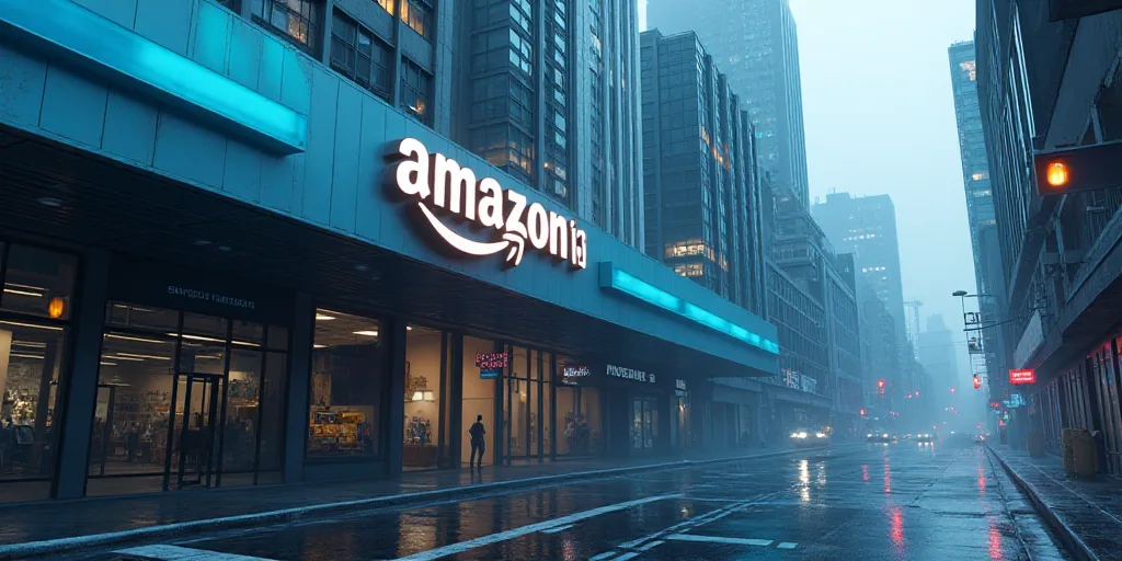a sign on a building that says amazon on it's side and a blue arrow on the front, Beeple, dystopian,