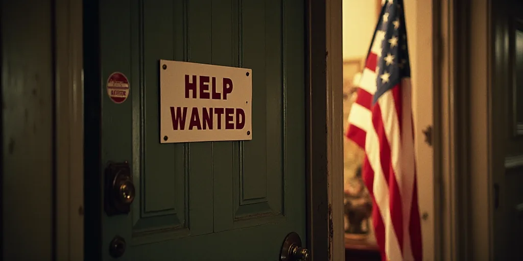 a sign on a door that says help wanted with an american flag in the background and a sticker on the