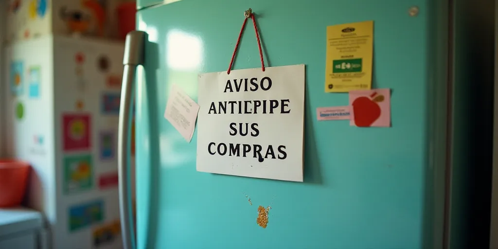 a sign that is hanging on a refrigerator door that says, aviso anticipe sus compras levy seca, Eduar