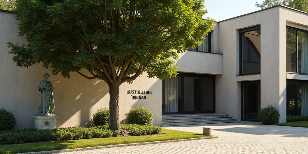 a sign that is in front of a building with a tree in front of it and a building with a large window,