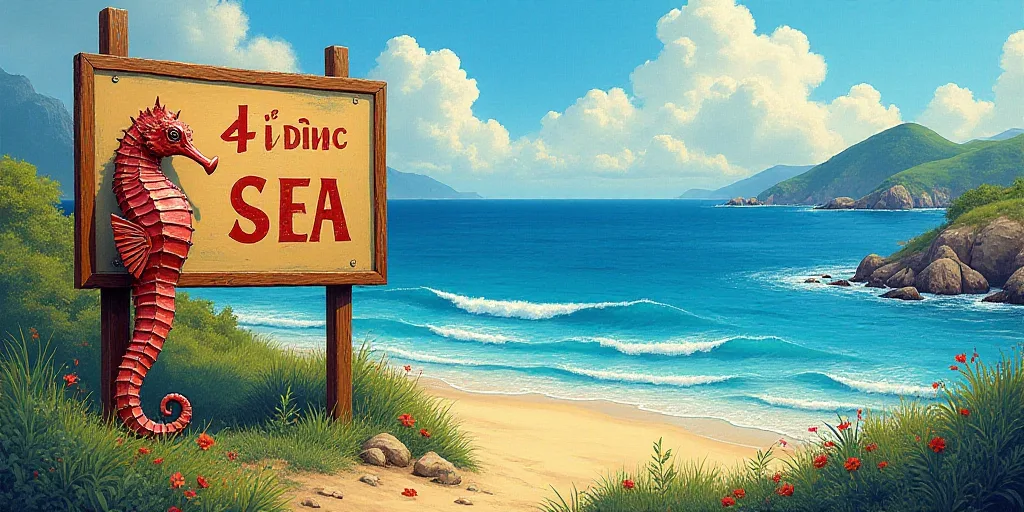 a sign that is next to the ocean with a sea horse on it's side and a beach in the background, Dong Y
